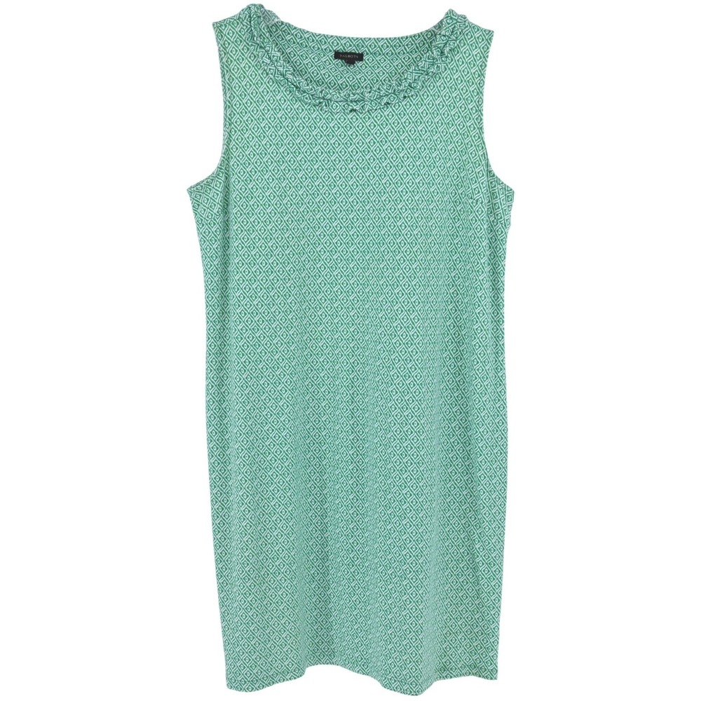 100% Cotton Talbots Green Geometric Ruffle Neck Sleeveless Shift Dress Womens L
